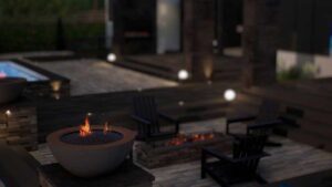 model of a fire pit in a garden